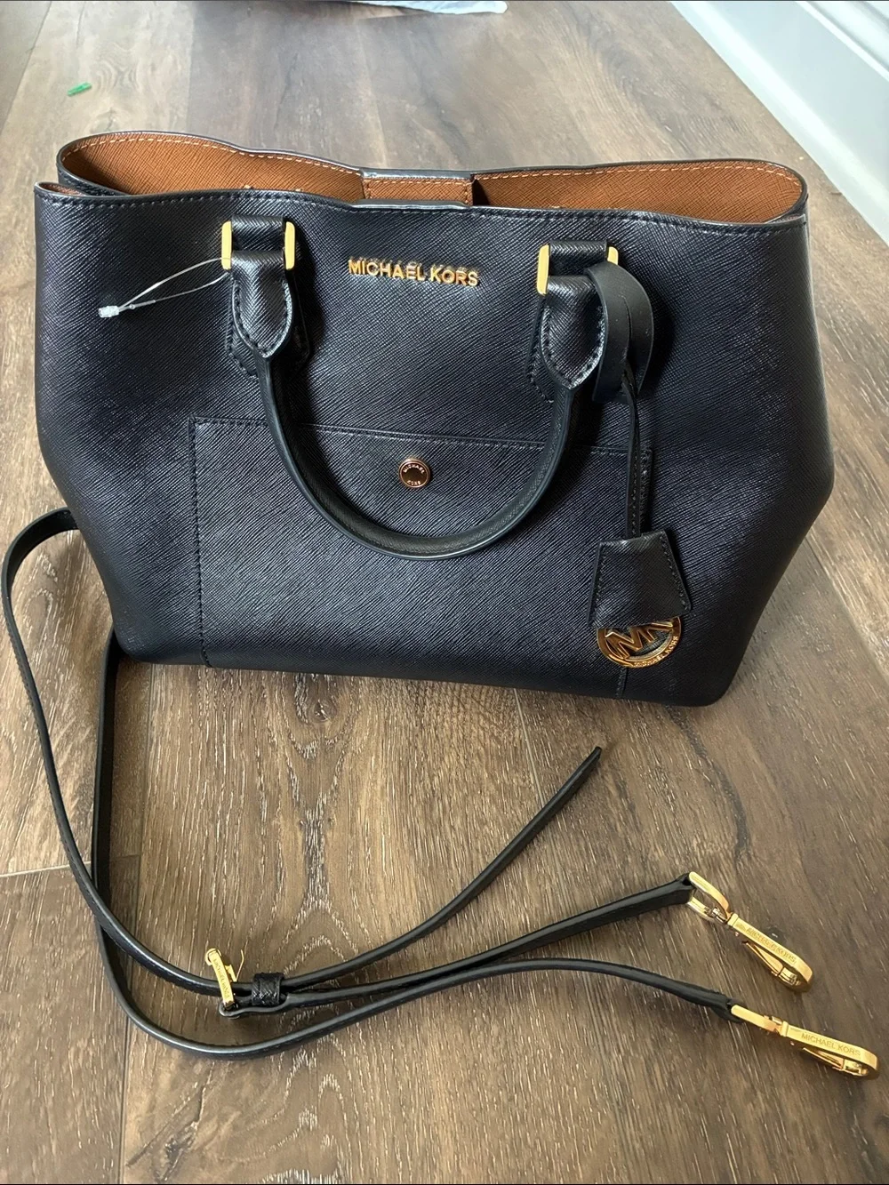 Michael Kors Black Saffiano Leather Dome Tote with Gold Hardware